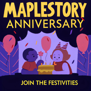 Promotional artwork for MapleStory's anniversary. Bright yellow background with green accents. Cartoon illustrations, celebratory messages, call to action.