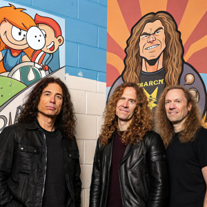 Realistic photo of Dave Mustaine, Chris Broderick, Kiko Loureiro, and David Ellefson of Megadeth alongside cartoon-style illustrations, creating a unique collage.