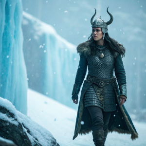 Aastikya Tiwari, a valiant figure, strides confidently across an icy battlefield. Wearing horn-like headgear and a chainmail ensemble. An ethereal frosty glow envelops her. Snowflakes and icicles swirl around her, as she remains steadfast on a frozen expanse.