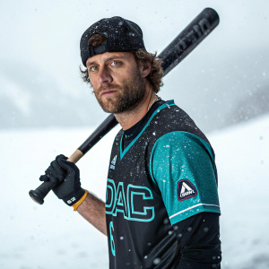 Dominic Fletcher, rugged athlete, poses with baseball bat. He wears a DBAC jersey with teal accents. Intense gaze. Snowy background