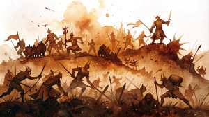 brown illustrations depicting a battle scene in white background