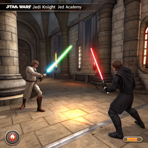 Screenshot from Star Wars: Jedi Knight Jedi Academy. Intense light saber duel in a grand stone chamber. Characters in combat poses. Various color lightsabers. Game interface visible. Gauge and score indicators at bottom and sides. Medieval architecture.