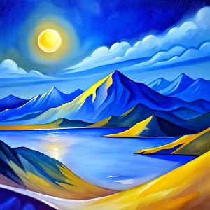 A BLUE WHITE AND YELLOW LANDSCAPE WITH MOON OR SUN MOUNTAINS OR BEACH VANGOUH STYLE WITH WHITE LINES DETAILING