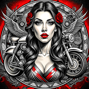 motorcycle club lady tattoo design - perfect realistic art - high-definition - grey and black - white background 