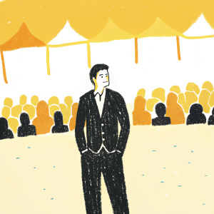 Orlando Bloom, dressed in a smart black suit, attending an outdoor film festival. Crowds and tents in the background