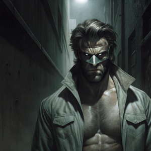 Wolverine, depicted in a comic book panel. His body is muscular, face is covered with mask-like features, determined look. Dark alley background