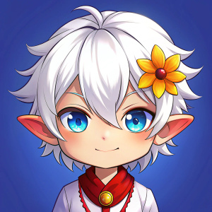 I would like a chibi male char that has messy white hair with elf ears. Dark blue eyes and freckles Should be wearin a white top with a red necklace and a yellow flower as ping