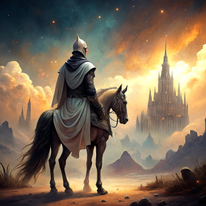 male knight with white cape and shining fantasy armor on a armored black horse, standing on a plain and look forward, his back to the viewer, look to elvish fantasy beautiful huge white marble city, fantasy environment, vibrant natural colors, watercolor painting, fantasy art, HD