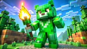 green bear full height with torch minecraft style gameplay