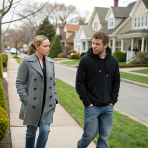 Abbie Cornish and Ryan Phillippe walking through a cozy suburban neighborhood. Abbie in a stylish gray coat and jeans, ponytail. Ryan in a black hoodie and blue jeans. They both look serious and determined.