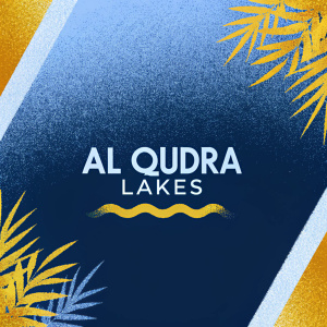 Modern logo for Al Qudra Lakes. Bold design with clean lines. Dark blue background. Natural elements and contemporary font.