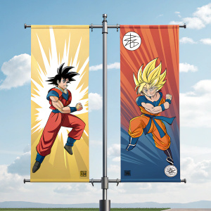 Two dynamic Dragon Ball Z banners, characters in combat stance, vivid color palette, clear blue sky backdrop