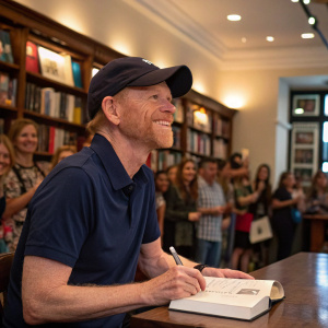 Ron Howard, in a navy blue polo shirt, beams gently at a book signing event. Softly lit, the room is adorned with an array of bookshelves. Behind him, a sea of eager fans and admirers.