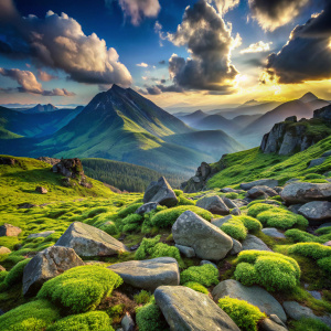 mountains, greenery, sky, stones with green moss ahead