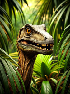 A velociraptor lurking in the jungle undergrowth.