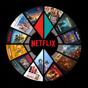 Netflix logo surrounded by a colorful array of thumbnail images representing various genres and styles from their streaming library. Set against a black background, the montage captures a diverse selection of scenes from the platform's extensive content.
