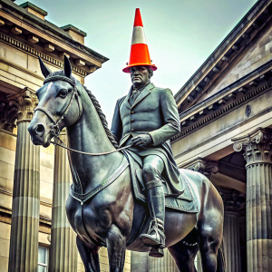 Equestrian statue of the Duke of Wellington, Glasgow, Scotland; The equestrian statue of Arthur Wellesley, 1st Duke of Wellington located outside the Royal Exchange, now known as the Gallery of Modern Art, Glasgow, Scotland, is one of Glasgow's most iconic landmarks. Since at least the 1980s it has been traditionally capped with a traffic cone by members of the public.