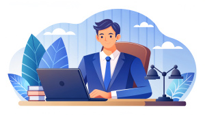 Lawyer online concept. Young guy with documents evaluates webpage for plagiarism. Protection of rights and legal support, court. Poster or banner for website. Cartoon flat vector illustration