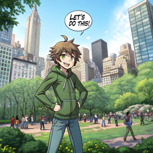 Makoto Naegi, wearing a green hoodie and jeans, standing in a bustling city park. Speech bubble with 'Let's do this!'