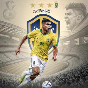 Casemiro's official match day poster. Real Madrid and Brazil logos prominently displayed. Crowd cheering in the background