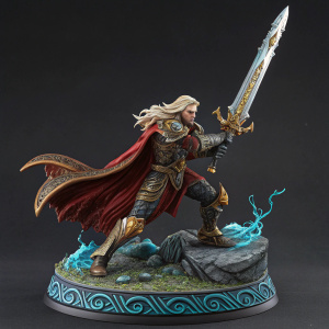 Elric of Melniboné's Stormbringer, a detailed fantasy figurine. Intense battle pose. Colorful, intricate design. Swirling pattern on base.