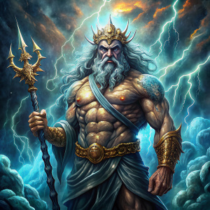 Poseidon on the background of a storm with a trident in his hands, lightning all around, and skin made of scales