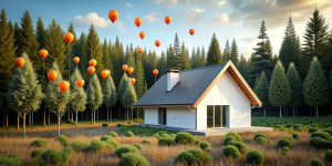 country one-story modern house, minimalistic, modest design, few details, not pretentious, small windows, siding, white walls, triangular roof, located in the forest, a huge number of orange balloons are flying behind the house, a lot of small balloons, a lot of balloons, bright sky, photorealism, high quality photo, photo as in life, hdr, 3K, professional photographer
