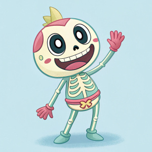 Concept art for Fire Emblem. Digital illustration of a friendly, cartoonish character with a skeletal design. Background is a plain, light blue. Descriptions of gestures and color choices included.