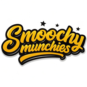 Smoochy Munchies logo, bold and vibrant design. Digital art featuring a mix of yellow and black colors. Playful graffiti style font
