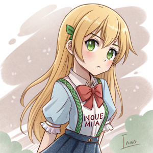 Digital illustration of Inoue Miia, an anime character. Blonde hair, green eyes, displeased expression. Outfit includes blouse, bow, skirt-like design. Artist's signature visible at the bottom.