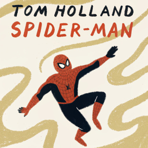 Official movie poster of Tom Holland as Spider-Man, mid-leap pose. Vibrant red and blue costume. Abstract blue background with dynamic swirls. Title text in bold font.