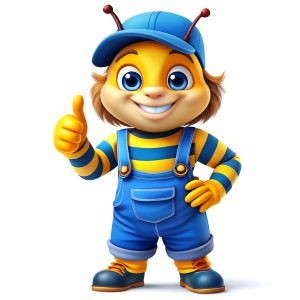 Working bee in blue overalls, striped sweatshirt and blue cap, smiling and showing a thumbs up, standing full-length on a white background