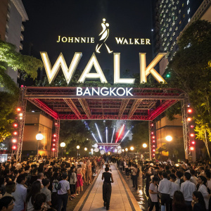 A dynamic montage of Johnnie Walker's Walk Bangkok event. Diverse crowd, large illuminated 'Walk' sign, vibrant banners, festive atmosphere