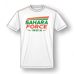 Vector illustration of a white t-shirt with bold 'SAHARA FORCE INDIA' logo. Logo design integrates red, green, and saffron colors, reflecting Indian culture