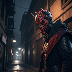 Darth Maul in a menacing pose, set against an urban alleyway at night. Red and black hues dominate his look, horns protruding sharply from his forehead, jawline chiseled, and eyes intensely focused.