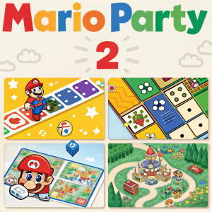 Interactive infographic detailing Mario Party 2. Spanish language, color-coded sections, personalized game boards, vibrant illustrations.