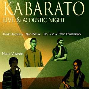 Promotional poster for Kabarato Live & Acoustic Night featuring David Archuleta, Inigo Pascual, Pio Pasqual, Yeng Constantino, and Nyoy Volante. Diverse artists in various poses and outfits, set against a background of warm and soft colors.
