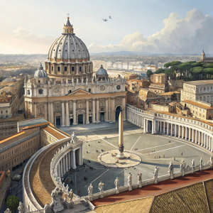 Bird's eye view of St. Peter's Basilica in Vatican City. Magnificent dome and intricate architectural details visible