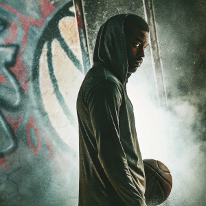 Kyrie Irving, basketball player, intense gaze, surrounded by colorful graffiti background.