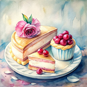 a strictly side view a watercolor illustration  lay out of a sponge cake with floral decor made of cream on the circumference and a cheesecake and a meat pies on porcelain white plate in the middle of a shot, detailed, cozy, tasty, side view, watercolor illustration style, white background