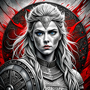 shieldmaiden perfect realistic art, high-definition, high-definition grey and black, white background 