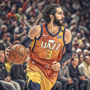 Ricky Rubio, Utah Jazz player, intense look, dribbling basketball. Crowd blurred in background. NBA game atmosphere