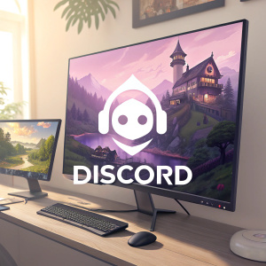 The Discord logo, featuring a minimalist design with a soft color scheme, sits prominently on the homepage. The emblem is slightly off-center, drawing attention to Discord's brand identity. Beneath the logo, the website URL is subtly shown, encouraging users to explore the platform. The design is sleek and modern.