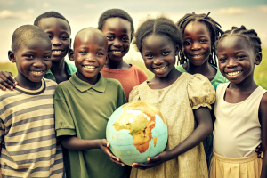 International day of peace concept with African Children holding earth globe.