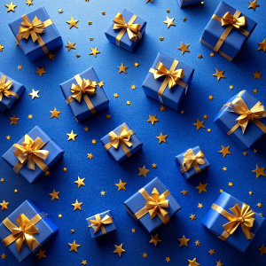 Generative AI illustration of blue gifts with golden bows and ribbons placed on blue background near stars