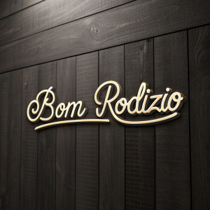 The Bom Rodizio logo, elegant cursive font, shiny metallic sheen, dark wood background, monochromatic tones