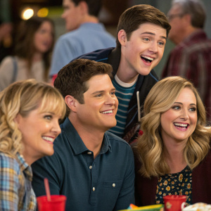 The cast of 'The Real O'Neals' at a casual gathering. Various poses, smiling faces, background is blurred.