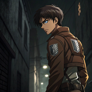 Eren Yeager from Attack on Titans, in dramatic pose. Dark alley background