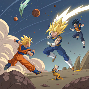 Characters from Dragon Ball Z in a chaotic battle scene. Goku, Vegeta, Gohan, and others in mid-air fighting stance. Dynamic and messy arrangement, background is exploding planets and starry sky