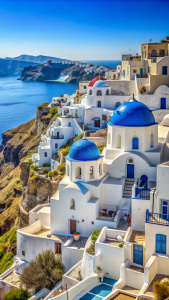 Santorini, Greece – White houses with blue roofs overlooking the Aegean Sea.